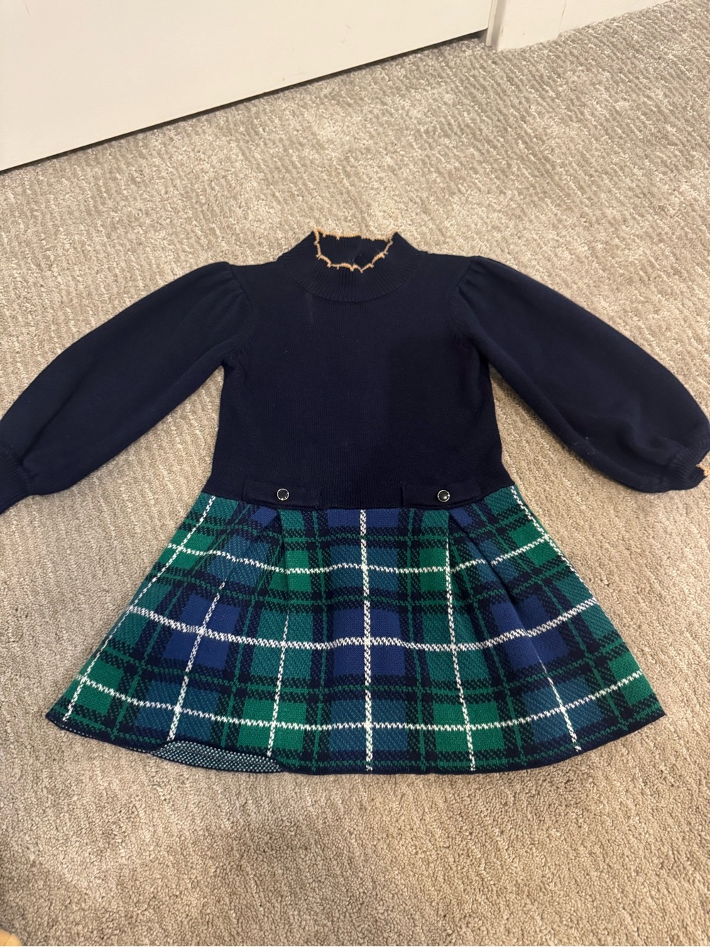 Janie and Jack Navy Knit Top with Green & Blue Plaid Skirt